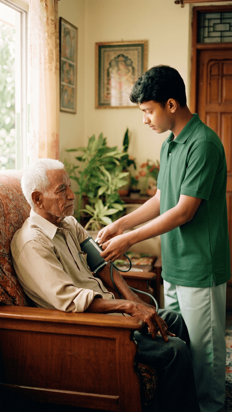 Compassionate nurse holding the hand of a smiling elderly patient